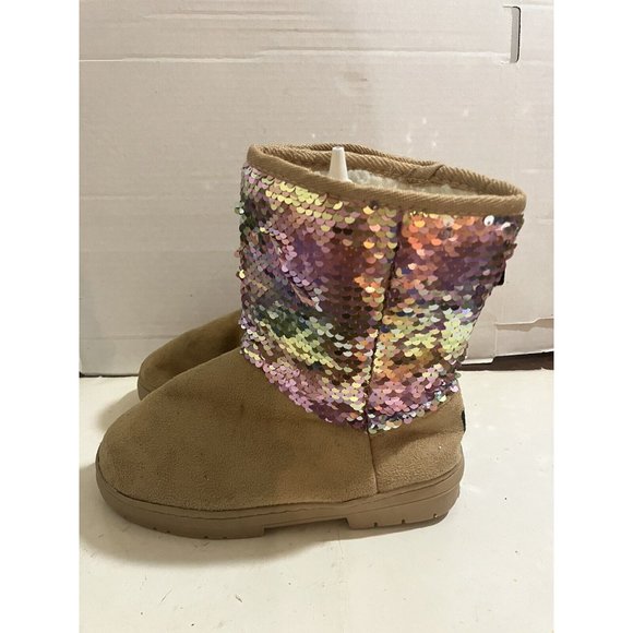 Bebe Girls size 3  Tan Reversible Sequin  Microsuede Winter Boots shoes - Picture 2 of 7